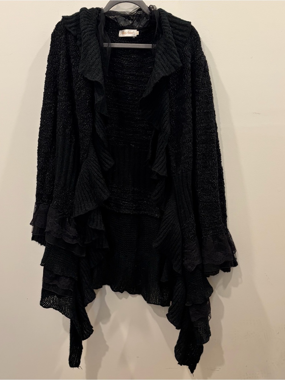Simply Couture Black Ruffle-Trim lace Open Drape Cardigan boho witchy